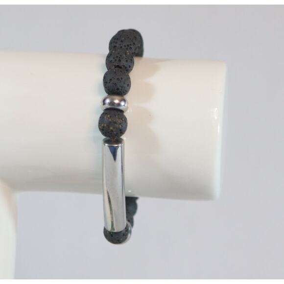 Bohemian Bracelet Silver Tone Chain Lava Stone Black Beads Lobster Claw Clasp - Picture 4 of 8